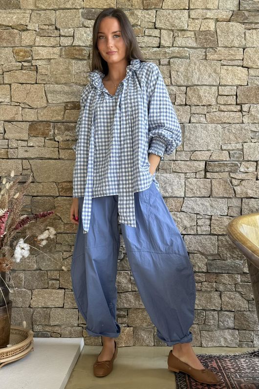 Nonni Gingham Poet Blouse Denim
